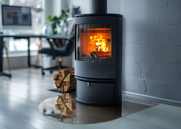 Halbrunde Glasplatte für Kaminofen Lochstahlmotiv