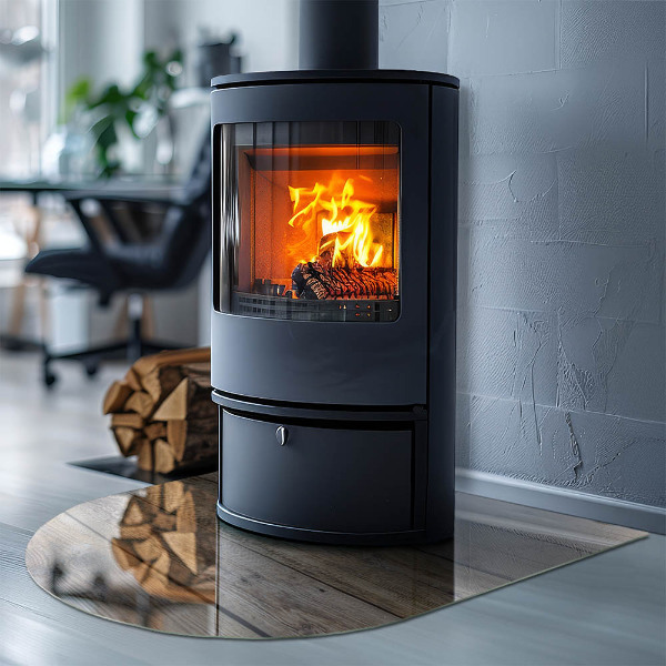 Halbrunde Glasbodenplatte Kamin Bretter im Naturstil