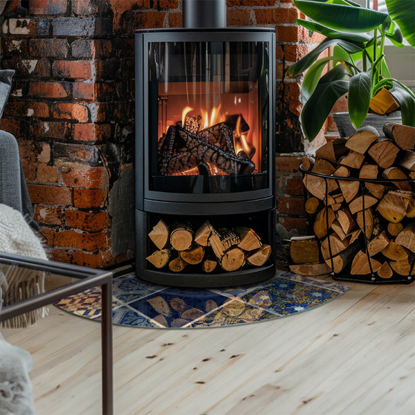 Eck-Glasplatte für Kaminofen Keramische Muster im Hintergrund