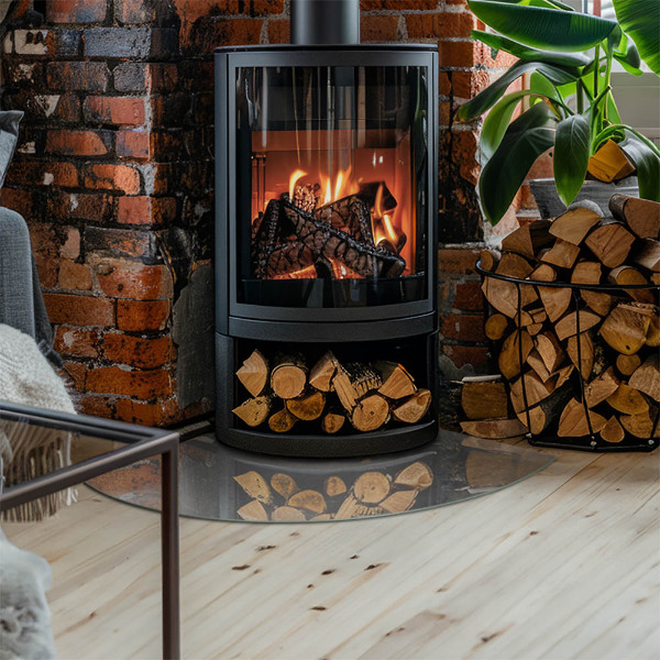 Eck-Glasplatte für Kaminofen Betonkonstruktion mit Wirkung