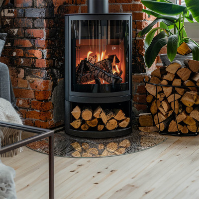 Eck-Glasplatte für Kaminofen Lochstahlmotiv