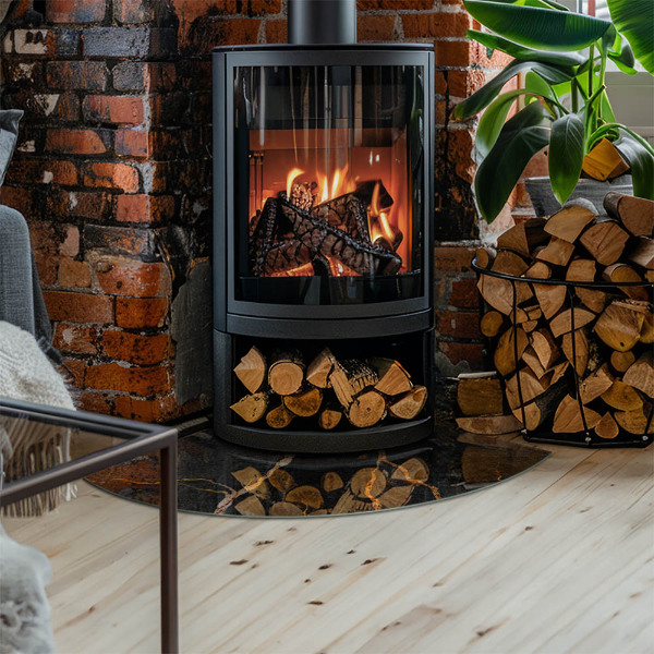 Glasbodenplatte Ecke Kamin Marmoroptik mit feiner Maserung