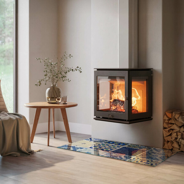 Rechteckige Glasplatte für Kaminofen Keramische Muster im Hintergrund