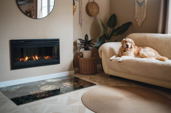 Rechteckige Glasplatte für Kaminofen Blumenmotiv mit Schmetterlingen