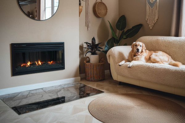 Rechteckige Glasplatte für Kaminofen Steinoptik in natürlicher Ausführung