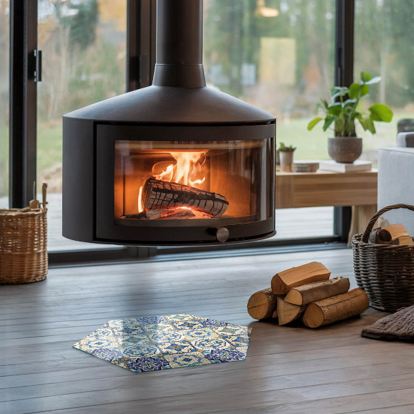 Sechseckige Glasplatte für Kamin Mosaikmotiv mit floralen Akzenten