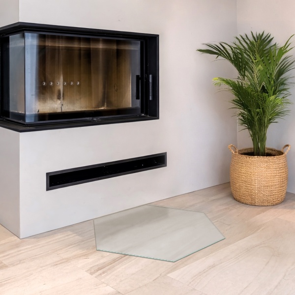 Sechseckige Kamin Glasplatte in mattierter Glasoptik