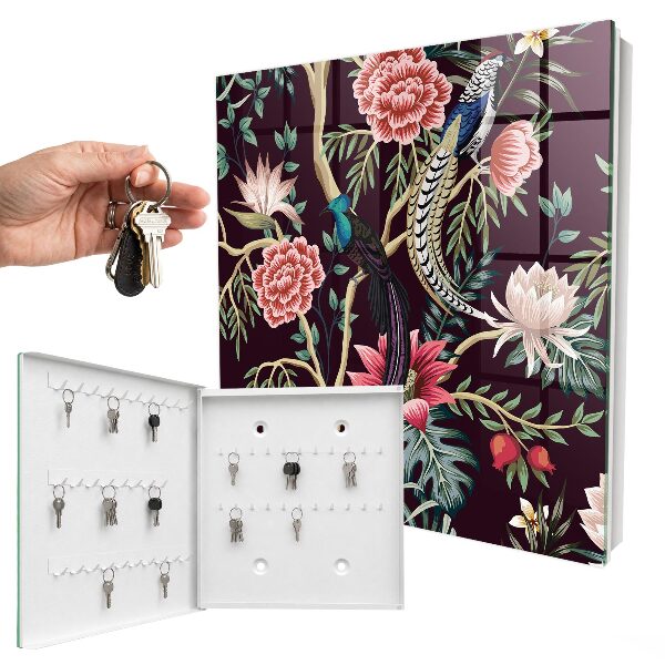 Schlüsselbox zur Wandmontage mit Motiv Blumen und Vögel