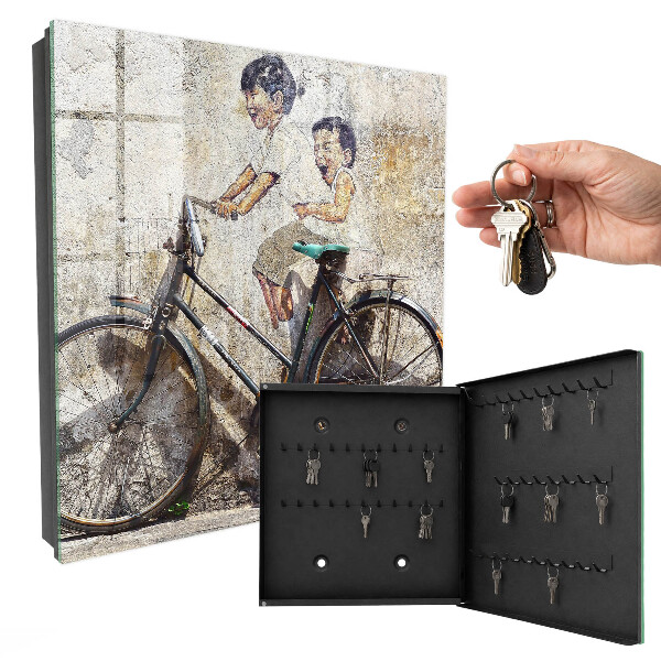Schlüsselbox zur Wandmontage mit Motiv Kinder und Fahrrad