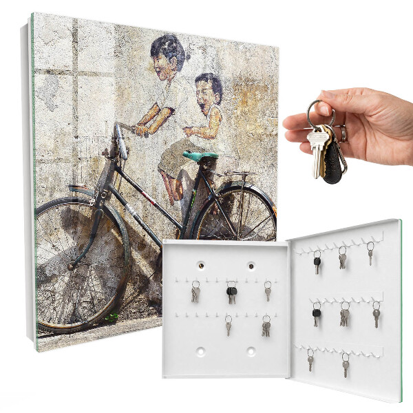 Schlüsselbox zur Wandmontage mit Motiv Kinder und Fahrrad