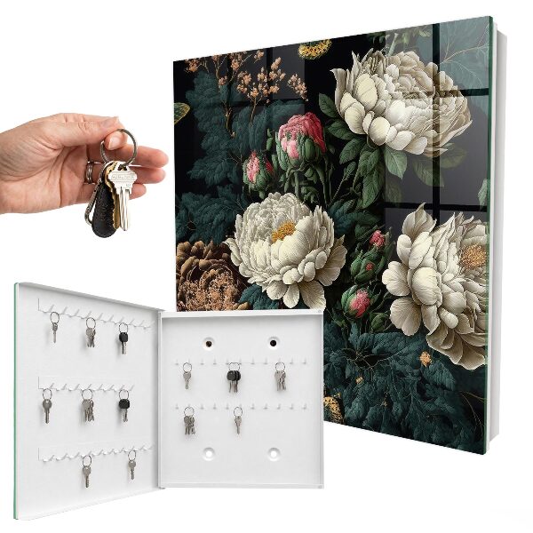 Schlüsselbox für die Wand mit Pfingstrosen-Motiv