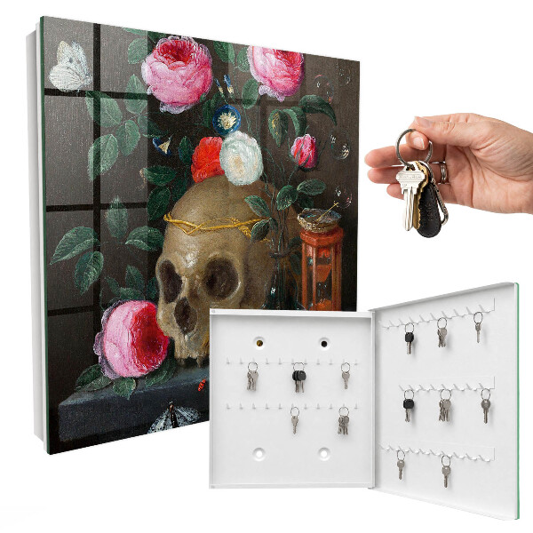 Schlüsselkasten mit Totenkopf- und Blumenmotiv