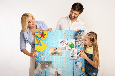 Bedruckte Korkplatte mit Motiv Sommerstrand mit Muscheln und Sand