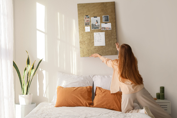 Kork-Pinnwand mit Goldpapier und farbigen Stecknadeln