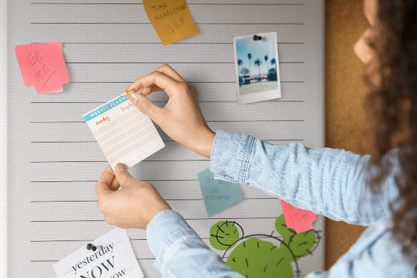 Kork-Pinnwand mit dem Motiv Topfkaktus steht auf der To-Do-Liste