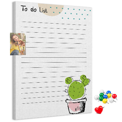 Kork-Pinnwand mit dem Motiv Topfkaktus steht auf der To-Do-Liste