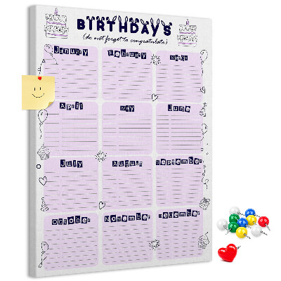 Kork-Pinnwand mit Geburtstagskalender und bunten Luftballons