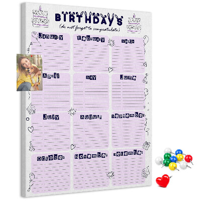Kork-Pinnwand mit Geburtstagskalender und bunten Luftballons
