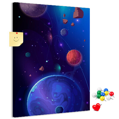 Bedruckte Korkplatte mit Weltraumlandschaft aus Planeten und Asteroiden