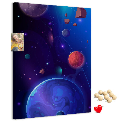 Bedruckte Korkplatte mit Weltraumlandschaft aus Planeten und Asteroiden