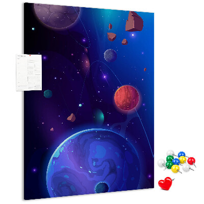 Bedruckte Korkplatte mit Weltraumlandschaft aus Planeten und Asteroiden