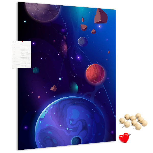 Bedruckte Korkplatte mit Weltraumlandschaft aus Planeten und Asteroiden