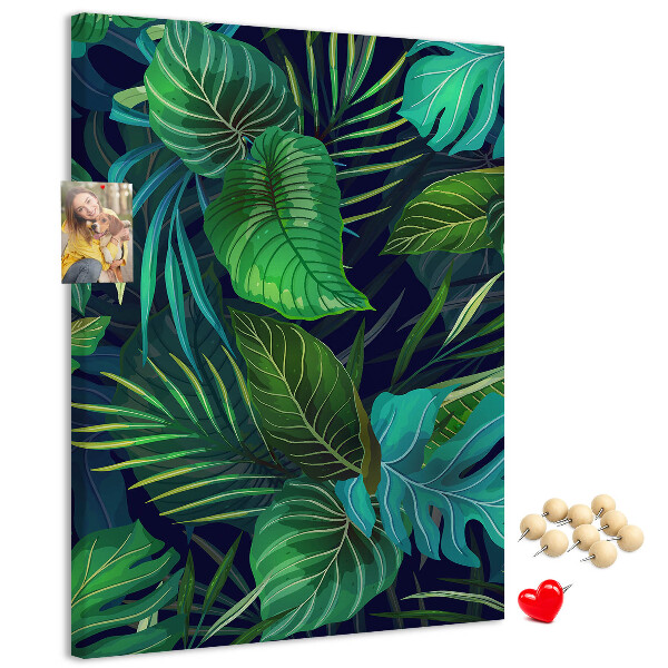 Kork-Pinnwand mit Motiv tropische Blätter auf dunklem Hintergrund