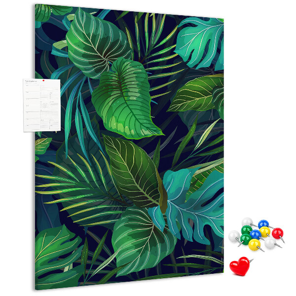 Kork-Pinnwand mit Motiv tropische Blätter auf dunklem Hintergrund