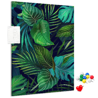 Kork-Pinnwand mit Motiv tropische Blätter auf dunklem Hintergrund