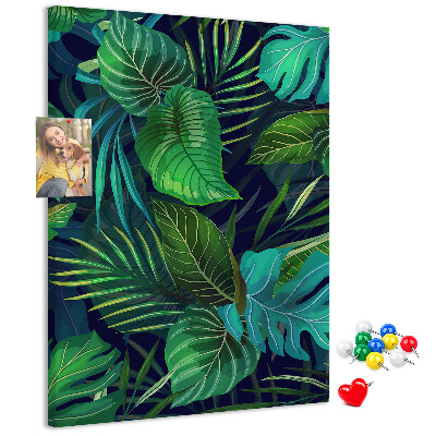 Kork-Pinnwand mit Motiv tropische Blätter auf dunklem Hintergrund