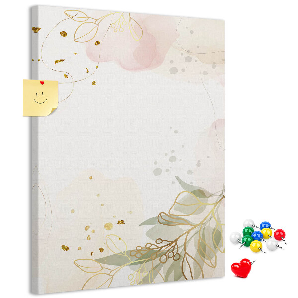 Bedruckte Korkplatte mit zarten Blättern auf pastellfarbenem Hintergrund