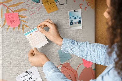 Kork-Pinnwand mit Motiv tropische Blätter und Blüten in Pastelltönen
