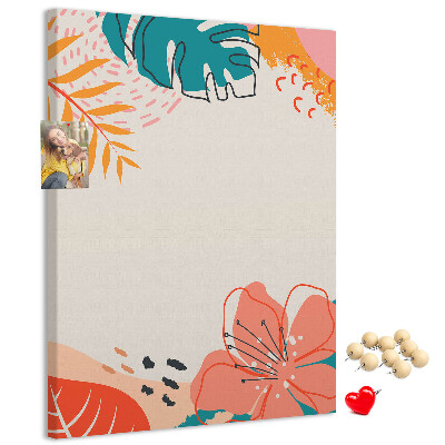 Kork-Pinnwand mit Motiv tropische Blätter und Blüten in Pastelltönen