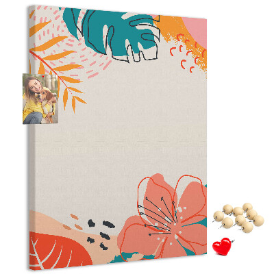 Kork-Pinnwand mit Motiv tropische Blätter und Blüten in Pastelltönen