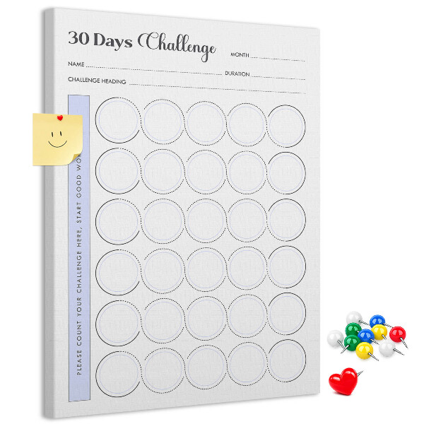Bedruckte Korkplatte mit 30 Tage Challenge und Platz für Notizen