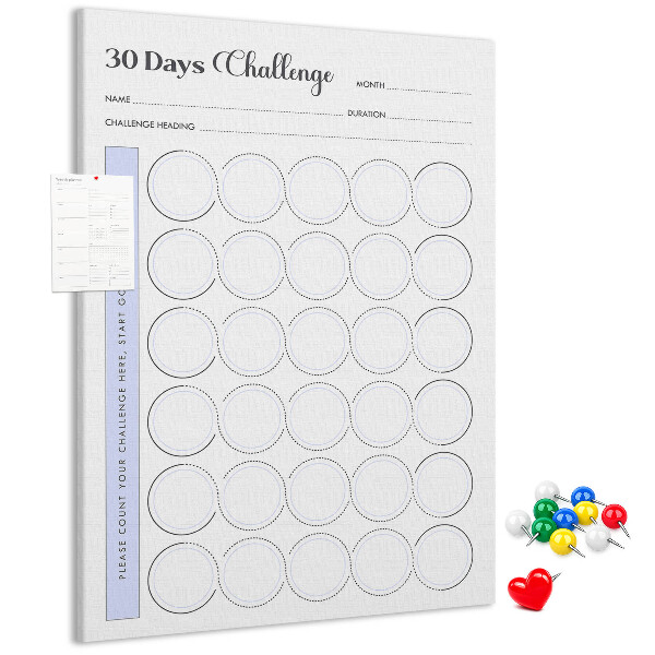 Bedruckte Korkplatte mit 30 Tage Challenge und Platz für Notizen