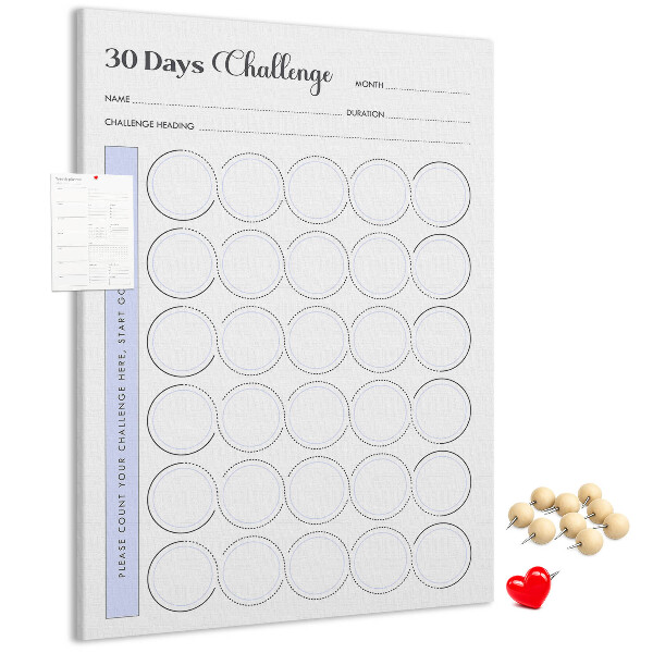 Bedruckte Korkplatte mit 30 Tage Challenge und Platz für Notizen