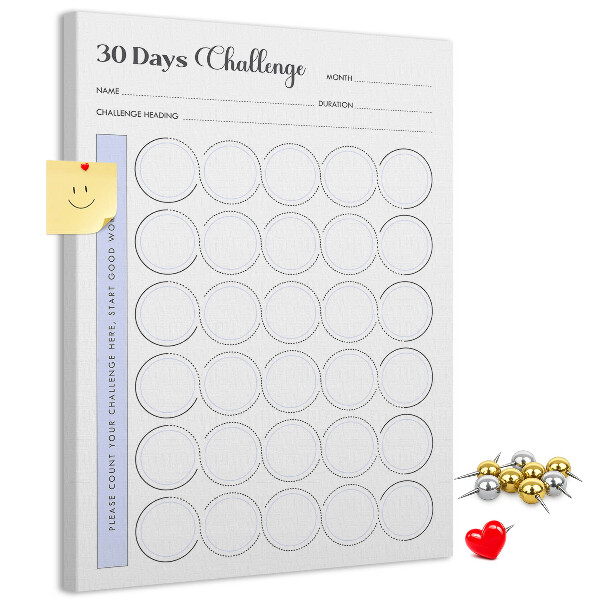 Bedruckte Korkplatte mit 30 Tage Challenge und Platz für Notizen