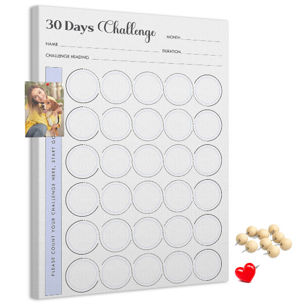 Bedruckte Korkplatte mit 30 Tage Challenge und Platz für Notizen