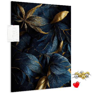 Bedruckte Korkplatte mit goldenen Blättern auf dunklem Hintergrund