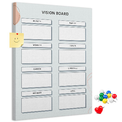 Kork-Pinnwand mit Lebenskategorien für Visionboards