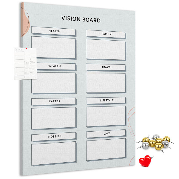Kork-Pinnwand mit Lebenskategorien für Visionboards
