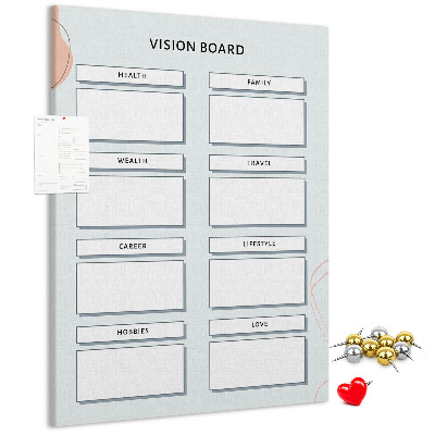 Kork-Pinnwand mit Lebenskategorien für Visionboards