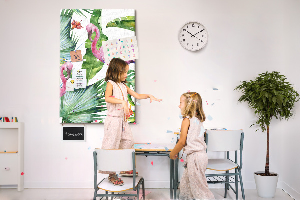 Bedruckte Korkplatte mit Motiv fröhliche Flamingos in tropischer Umgebung