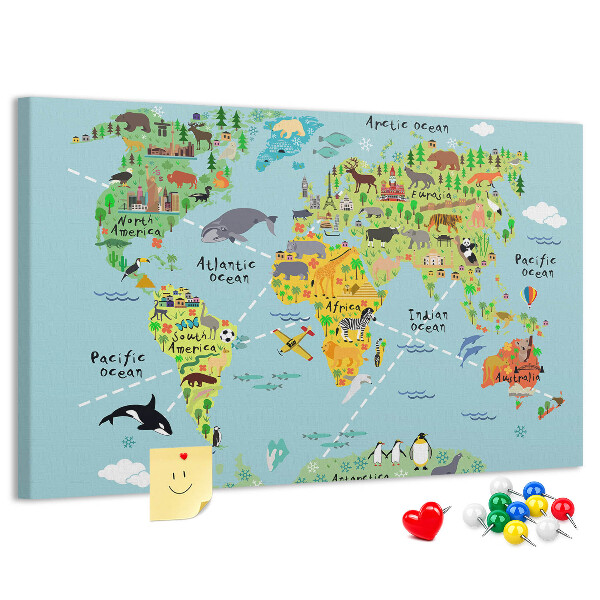 Korktafel bunte Weltkarte mit Tieren und Kontinenten