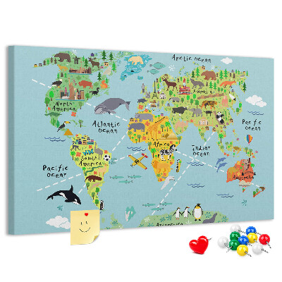 Korktafel bunte Weltkarte mit Tieren und Kontinenten