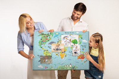 Korktafel bunte Weltkarte mit Tieren und Kontinenten