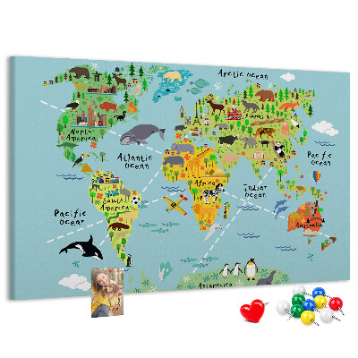 Korktafel bunte Weltkarte mit Tieren und Kontinenten