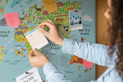 Korktafel bunte Weltkarte mit Tieren und Kontinenten