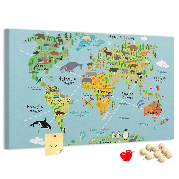 Korktafel bunte Weltkarte mit Tieren und Kontinenten